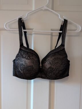 Cacique Black Lace Underwire Bra with Sheer Floral Overlay